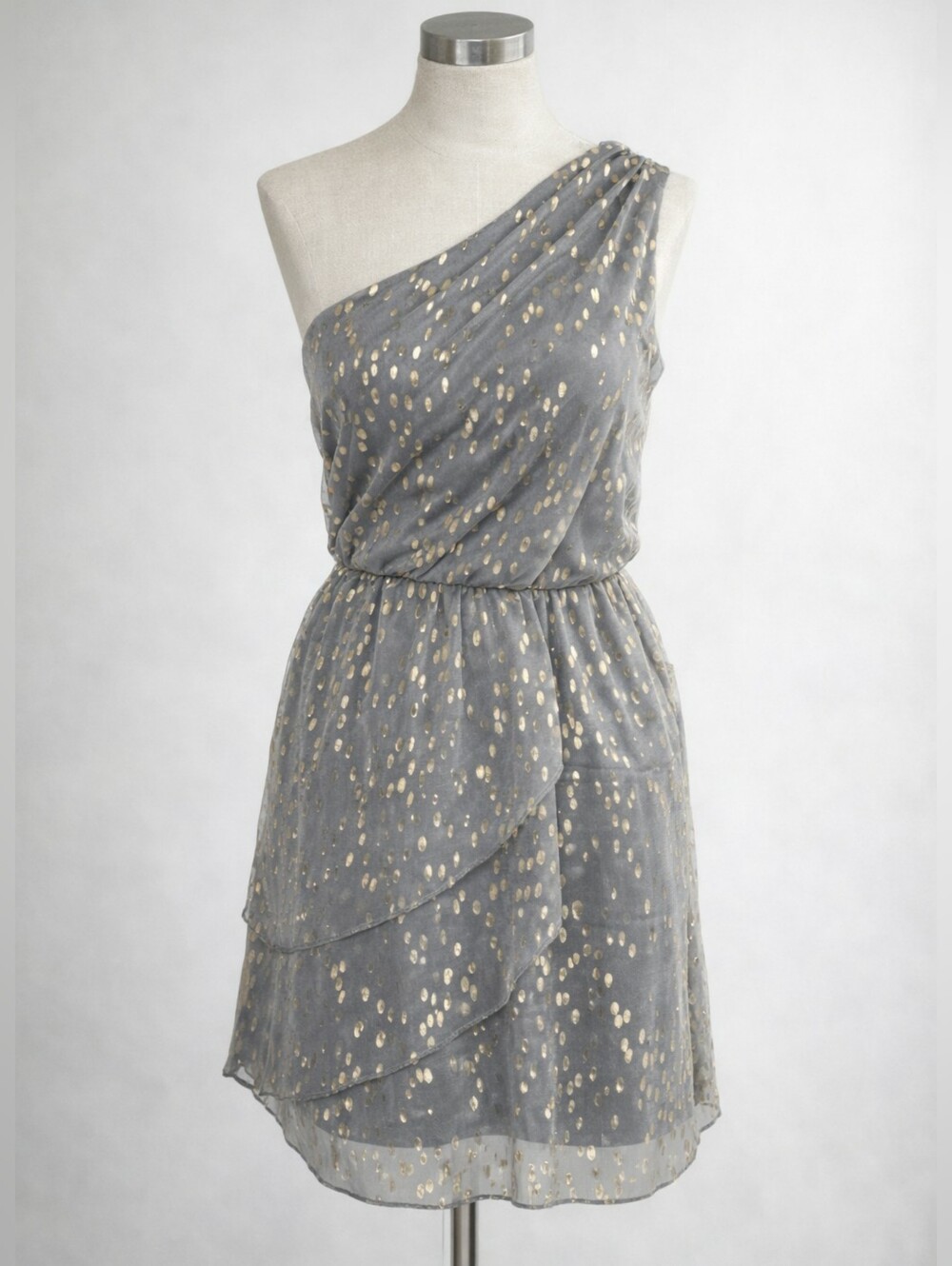 BCBGeneration Gray Gold One‑Shoulder Dress | Grecian Draped | Size 0 | Metallic